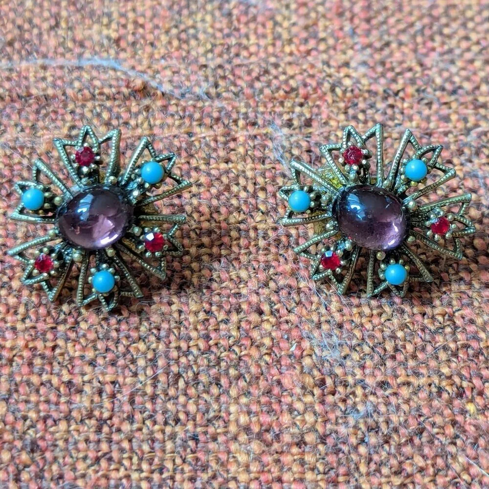 Vintage Gilded Brass Earrings‎ Amethyst Filigree MCM Gold Tone 1950’s Ornate